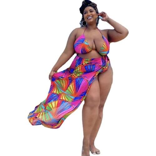 Plus Size Sets 3 Piece Bikini Set Women Wholesale Print High Waist Bra Beach Cover Up Bathing Suits Summer Clothes Dropshipping