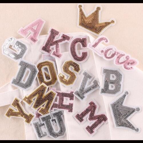 Golden Sequins Embroidery Patches 26 Capital English Letters Iron on Appliques Alphabet Sewing Patterns Love Crown Shiny Patches