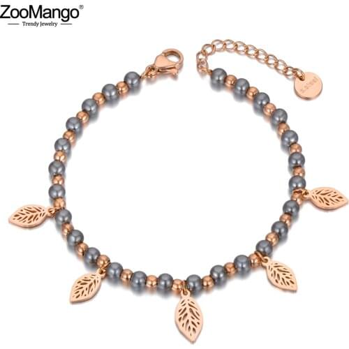 ZooMango Titanium Stainless Steel Bohemia Beach Pearl Beaded Bracelets For Women Trendy Leaves Charm Bracelet pulseras ZB20115