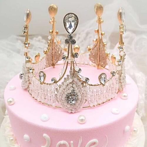 1pcs Fashion Retro Lace Crystal Pearls Birthday Cake Crowns Childrens Cake Decoration