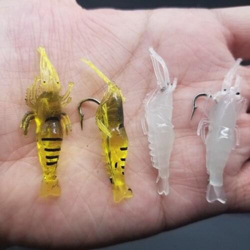 10Pcs Soft Silicone Simulation Fishing Lure Shrimp Prawn Bait Artificial Bait With Swivel Yellow Fishy Smell Hook 4cm 1.3g L07