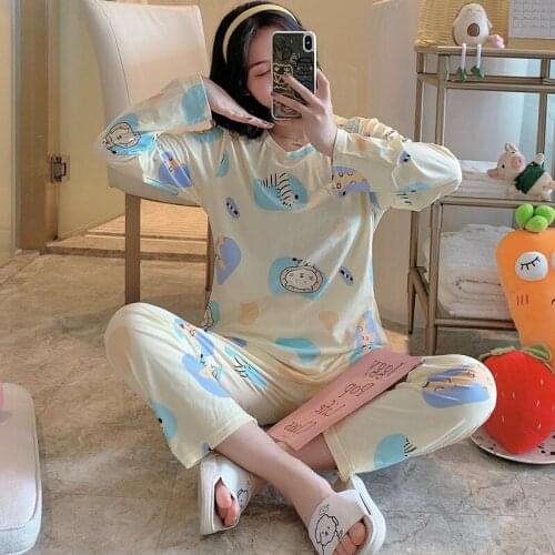 2020 High Quality Autumn Winter 2pieces Pyjamas Set Women Girls Cotton Round Neck Pajamas Sets Sleepwear Clothes Free Shipping