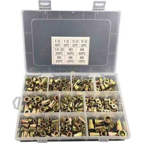 300Pcs M3 M4 M5 M6 M8 Rivet Nut Gun Head Nuts Kit Zinc Plated Carbon Steel Head Threaded Rivet Insert Nutsert Cap Riveter Nut