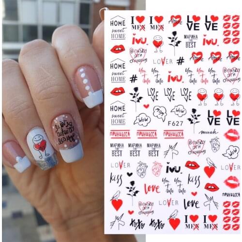 Valentines Love Heart 3D Nail Stickers Cool English Letter Lips Design Sliders for Nails Transfer Foils DIY Nail Art Decoration