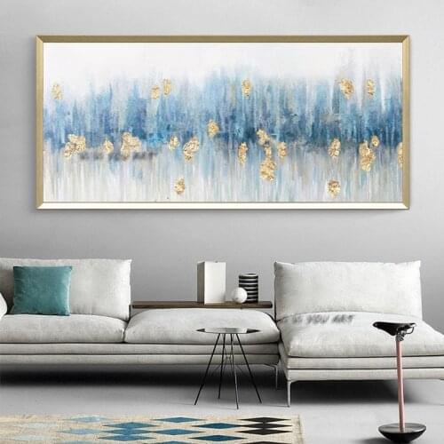 Abstract Oil Painting Large Size Canvas Modern Blue White Golden Wall Art Minimalist Decoration Living Room Handmade