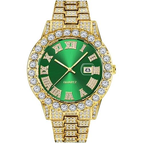 Golden Full Diamond Men Brand Luxury Watches Fashion Alloy Calendar Hip Hop Business Quartz Watch Reloj Hombre Acero Inoxidable