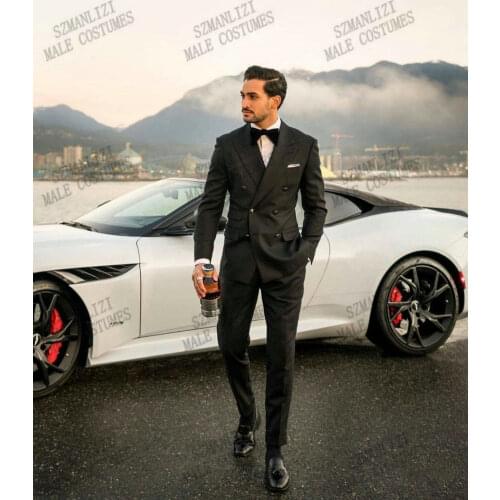 Formal Black Peaked Lapel Men Suits Double Breasted Groom Tuxedos Groomsmen Mens Wedding Prom Suits Bridegroom Costume Homme