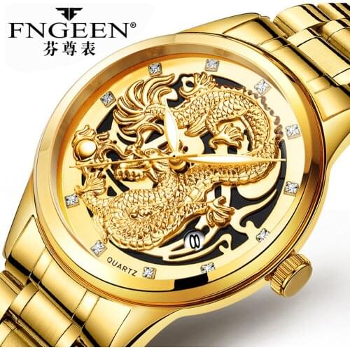 FNGEEN Quartz Wristwatch Non Automatic Calendar Watch Men Clock Date Hodinky Gold Steel Dragon Watch for Men Relogio Masculino