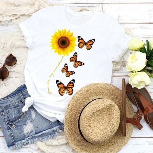 Women Graphic Sunflower Butterfly Cartoon Floral Fashion Girl Lady Tees Print Tops T Shirt Clothing Female Shirt Womens T-Shirt