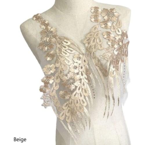 TOP Peacock tail mesh beige embroidery lace fabric applique ribbon trim collar sewing DIY wedding dress cloth craft Accessory