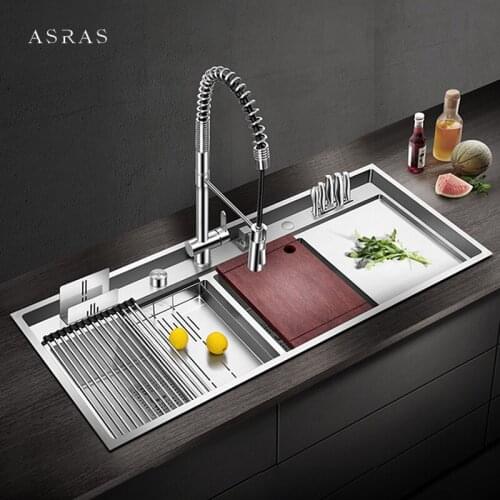 SUS 304 Stainless Steel Large Size Kitchen Double Sink Handmade Brushed 4mm Thickness 240mm Depth With Drain Plate Double Sinks