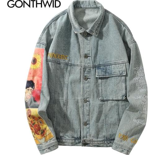 GONTHWID Van Gogh Painting Patchwork Embroidery Denim Jackets Hip Hop Casual Loose Jean Jackets Streetwear Fashion Outwear Coats