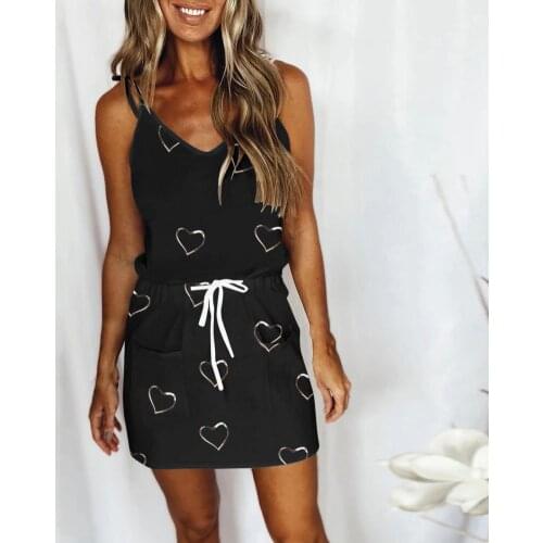 Summer Dress Feather Print Sling Casual Short Dress Women V Neck Spaghetti Strap Drawstring Pockets Mini Dress Daily Beach Wear