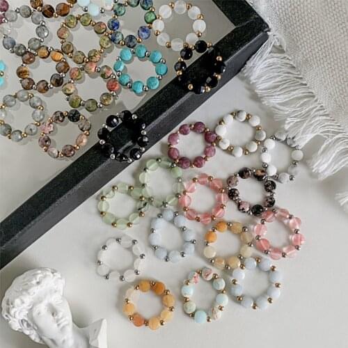 Fashion Simple Natural Stone Rings with Stainless Steel Beads Round Pink Crystal Labradorite Handmade Jewelry Elastic Adjustable