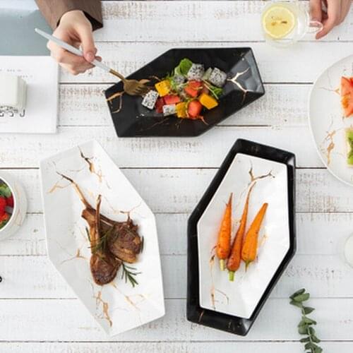 Multi-size Nordic Black and White Marble Pattern Gold Ceramic 6 Corner Plate Kitchen Household Water Cube Pattern Tableware Dish