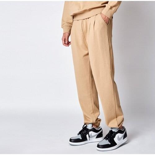 98012 Autumn Men Sweatpants Heavy Weight 360g Premium Cotton Khaki Tie Feet Casual Sport Comfortable Simple Daily Youth Trousers
