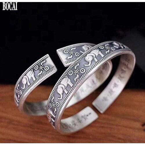 BOCAI 2020 Real s999 pure silver elephant silver bracelet for men and women retro Thai silver heart sutra woman silver bracelet