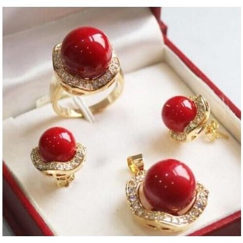 Natural Beads 10mm &14mm Coral Red South sea Shell Pearl Earrings Ring Necklace Pendant SetBridal Wedding word jewelry