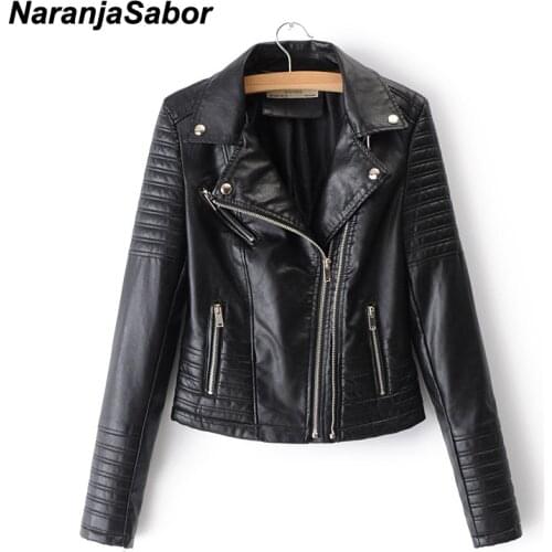 NaranjaSabor New Fashion Women Smooth Motorcycle Faux Leather Jackets Spring Autumn Lady Long Sleeve Biker PU Coat Female NQ014