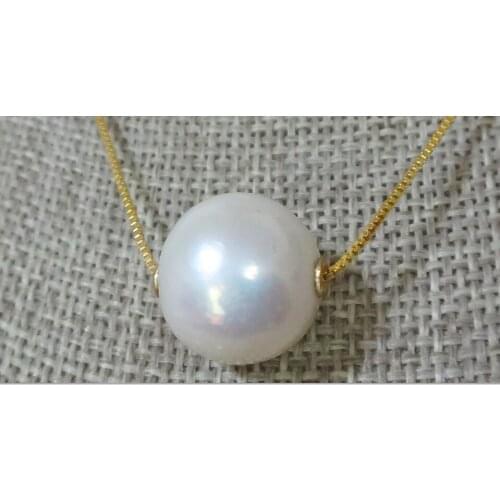 Huge 11-12mm south sea genuine round white pearl 14k pendant 925silver chain necklace