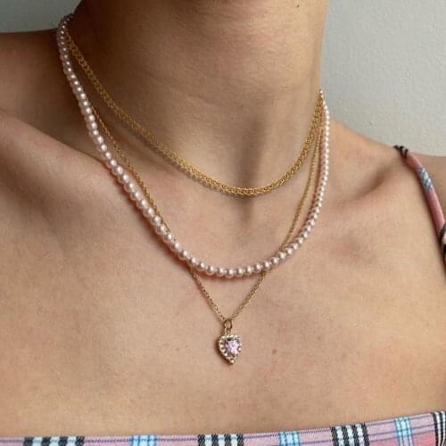 Golden Crystal Love Heart Charms Clavicle Chains Women MultiLayered Imitation Pearls Choker Necklace Trendy Summer Party Jewelry