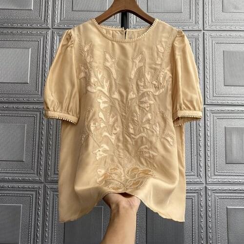 Show a beautiful body curve! European goods mulberry silk jacquard short-sleeved silk shirt women Tops Blouse