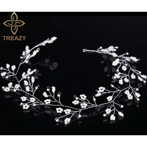 TREAZY Simulated Pearl Floral Headband Bridal Wedding Accessories for Women Handmade Bride Bridesmaid Hair Band Headdress