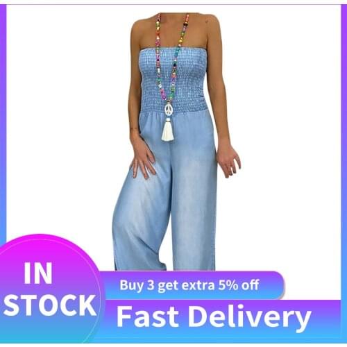 Sexy Off Shoulder Jumpsuits Women Denim Faux Plus Size Pleated Overalls Romper Baggy Playsuit Jumpsuit Ropa Mujer Combinaison