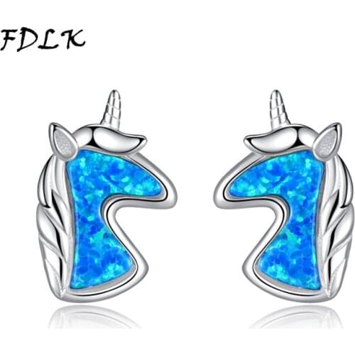 White Blue Man Made Opal Creative Unicorn Stud Earrings For Women Silver Color Earrings Female Vintage Fashion Animal Jewelry