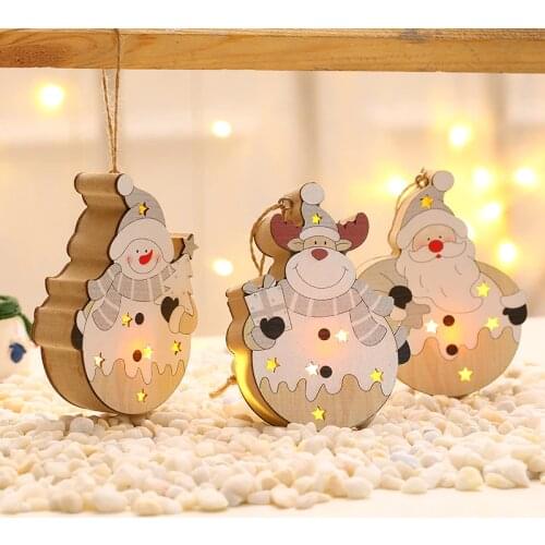 LED Light Christmas Tree Decor Snowman Wooden Pendants Ornaments Xmas DIY Wood Crafts for Home Santa Elk Merry Christmas Party