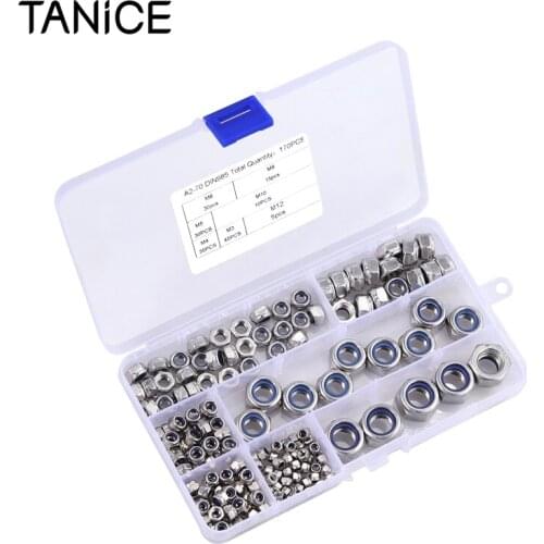 TANiCE 170pcs Nylon Insert Locknut M3 M4 M5 M6 M8 M10 M12 304 Stainless Steel Lock Nut Assortment Kit For Diy And Professionals