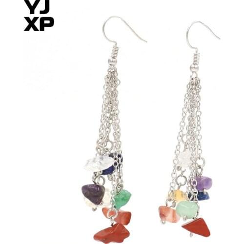 YJXP Ethnic Silver Plated Long Chain with Small Colorful Stone Dangle Earrings For Women Jewelry