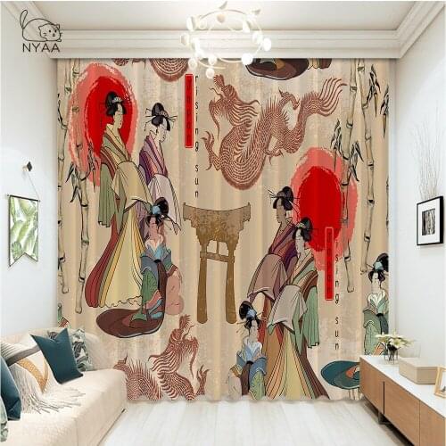 Traditional Japanese Culture Red Sun Dragons And Geisha Woman Curtain Window Curtain Living Room Night Curtains Micro Shading