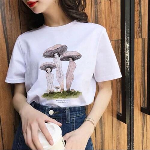 Womens T-shirt Mushroom Cartoon Cute Print T shirt Summer Round neck Short Sleeve 90s Girls Casual tshirt Lady Tops tshirt
