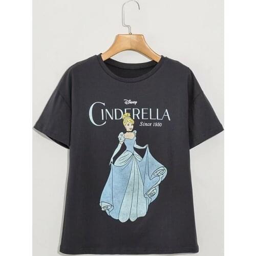 Disney Cartoon Princess Shirts for Women Print Round Neck Short-sleeved Women Fashion Clothing Graphic T-Shirts Harajuku Kawaii