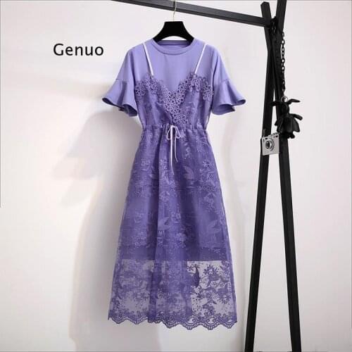 Women Sets Vintage Floral Hollow Out Design Lace-up Elegant Femme Vestidos Simple Basic Short Sleeve Tops Popular Lady Outfit