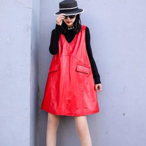 Fashion Genuine Leather Women Dress Sleeveless Real Sheepskin Laides Dresses V Neck Womens Clothing Veste Cuir Femme WPY2511