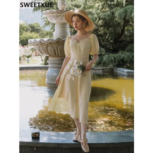 SWEETXUE 2021 Womens Summer Vintage Elegant Sexy V-neck Lace Patchwork Puff Sleeve Sweet Chic Fairy Cute Dress Lady Vestidos