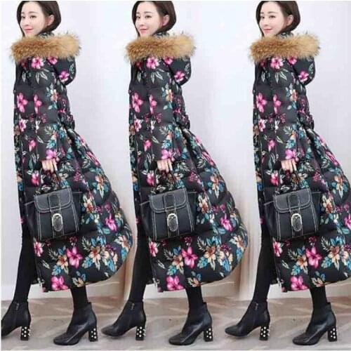 Women Winter 2020 Print White Duck Down Female Real Raccoon Fur Collar Female Hooded Coats Ladies Slim Overcoat with Belt P114