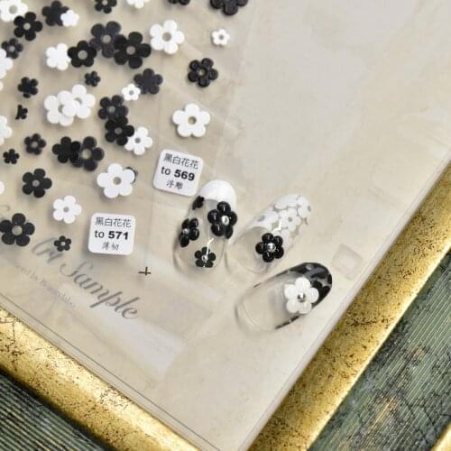 1 Pc Embossed Black&White Japanese Flower Nail Stickers Cute Cartoon 5D Manicure Decals Nail Decoration Accessories Beauty XQL17