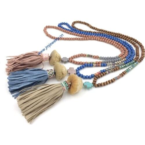 2016 New personalized handmade jewelry supplier long beaded chain leather tessal pendents unique boho long Necklaces for women