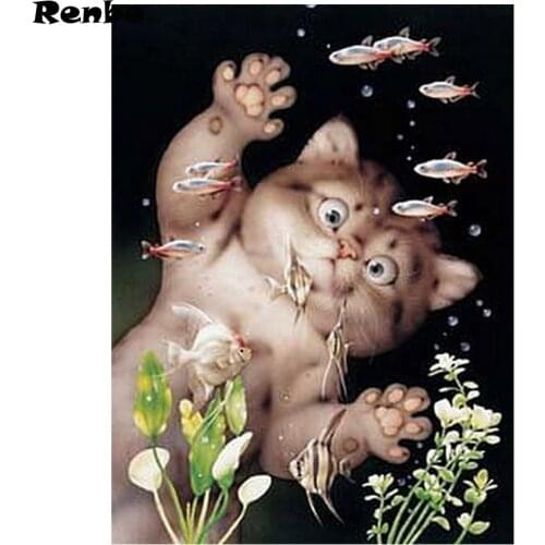 Full Square Round Drill 5D DIY Diamond Painting Funny Cat Fish Diamond Embroidery Animal Mosaic Picture Of Rhinestone decoation