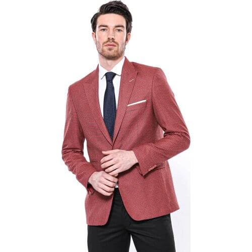 Patterned Claret Red Slim-Fit Blazer