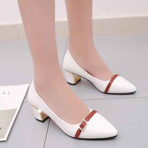 White Autumn spring Wild casual women shoes high gloss heels block pumps ladies Sexy thick heels woman fashion elegant party Thick and shallow sandals