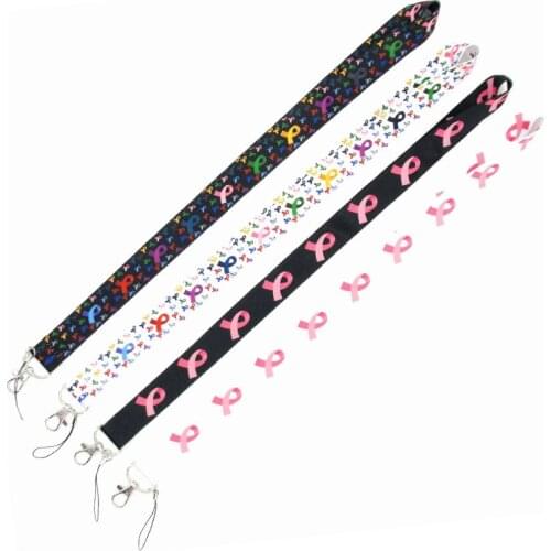 Colorful Ribbon Breast Cancer Awareness Lanyards Keychain Mobile Phone Hanging Rope Key Straps for Cancer Center Foundation Gift