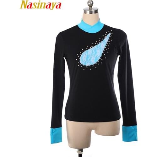 Figure Skating T shirt Tops for Girl Women Training Ice Skating clothing black sky blue long sleeve lace