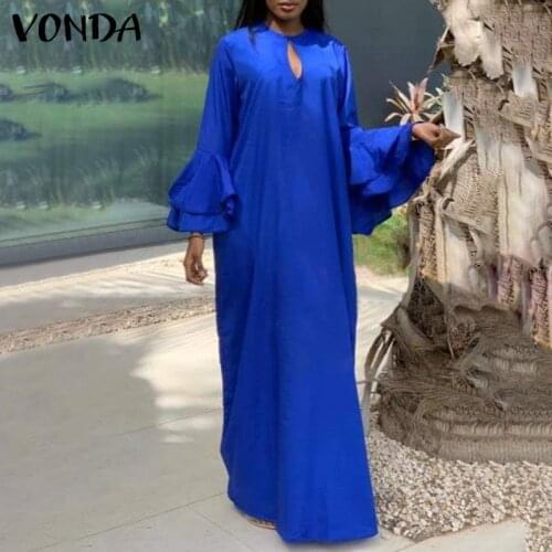 Summer Long Maxi Dress Casual O Neck Long Sleeve Pleated Dresses VONDA 2021 Ladies Flare Sleeve Solid Bohemian Vestidos Femme
