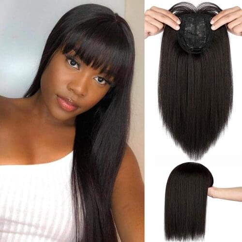 XBwig Hair Toppers Clip Hair Extensions Synthetic Hair Topper Natural Straight Black Brown 3 Clips With Bangs Fake 2021Hairpiece