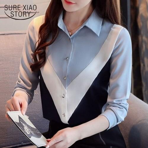 2021 New Spliced Solid Ladies' Tops OL Chiffon Blouse Women Tops Solid Button Korean Clothing Women Blusas Mujer De Moda 8460 50