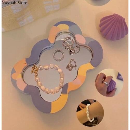 Creative Glass Mirror Tray Household Cute Makeup Mirror Advanced Storage Tray Rectangular Wave Pattern Decorative Mirror